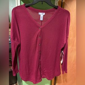 NWT WAFFLE KNIT JUST BE THERMAL V NECK BUTTON DOWN WITH OR WITHOUT TIE BOTTOM